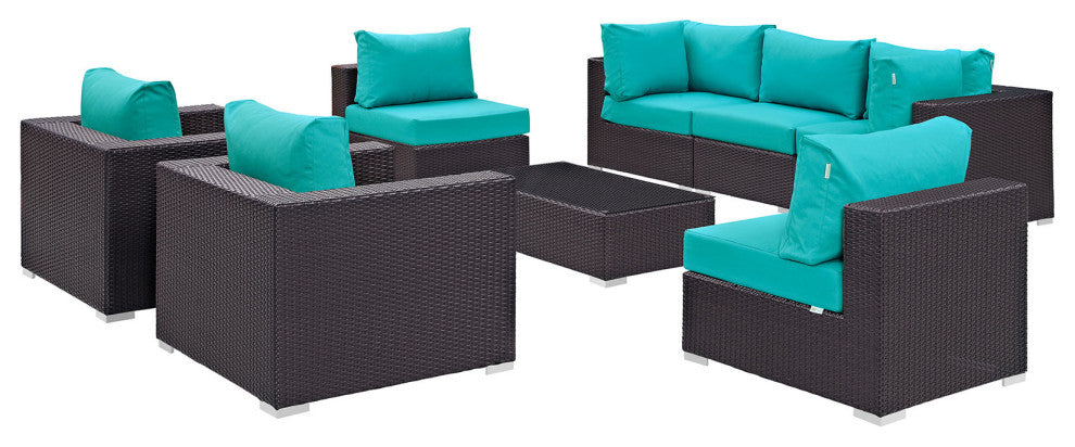 Modway Convene 8 Piece Outdoor Patio Sectional Set, Espresso Turquoise