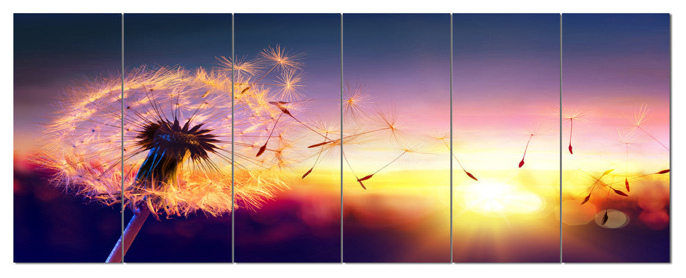 Dandelion at Sunset Freedom to Wish, Abstract Wall Art Canvas, 70"x28", 6 Panels