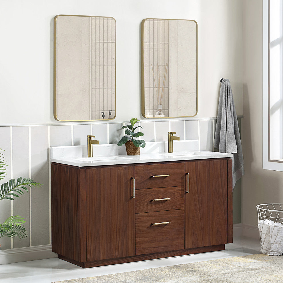 San Bath Vanity with Stone Top, Natural Walnut, 60" Double Sink, Double Vanity, No Mirror