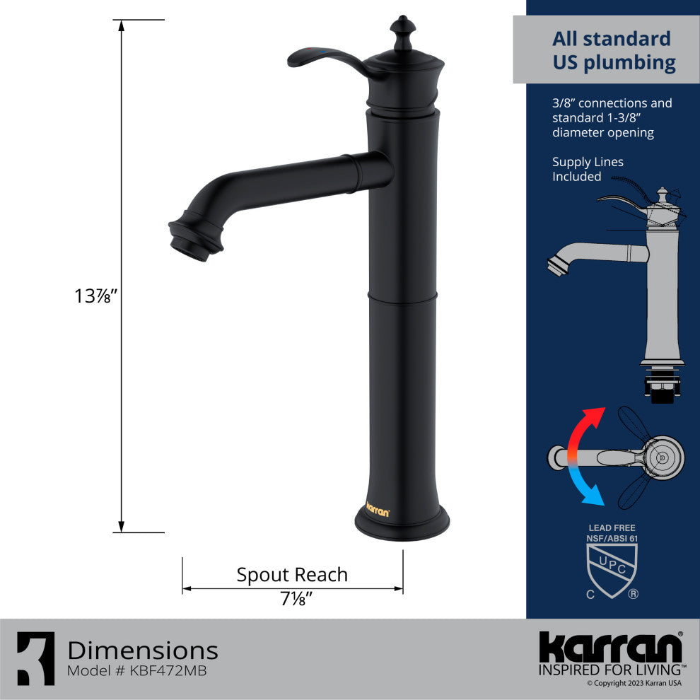 Karran 1-Handle 1-Hole Vessel Faucet With Pop-up Drain, Matte Black