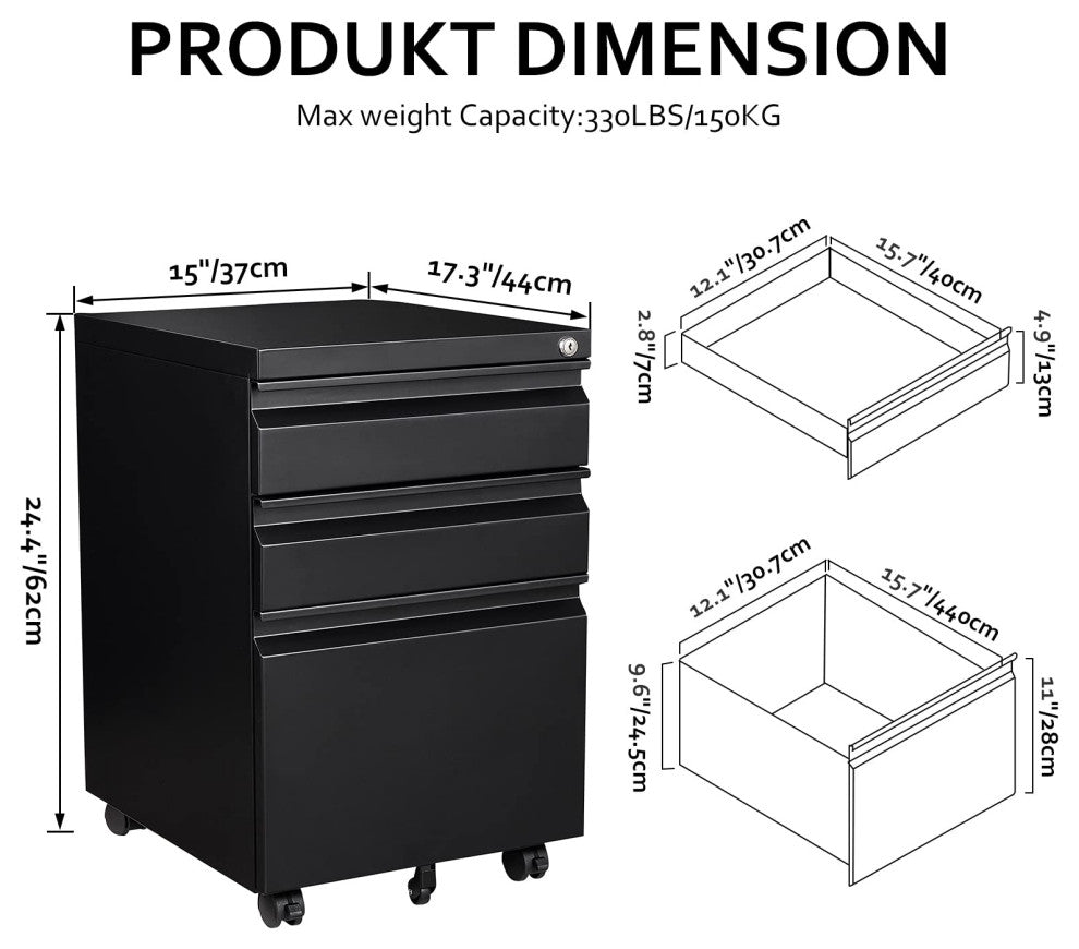 3 Drawer Mobile File Cabinet Under Desk Storage File Cabinets, Black