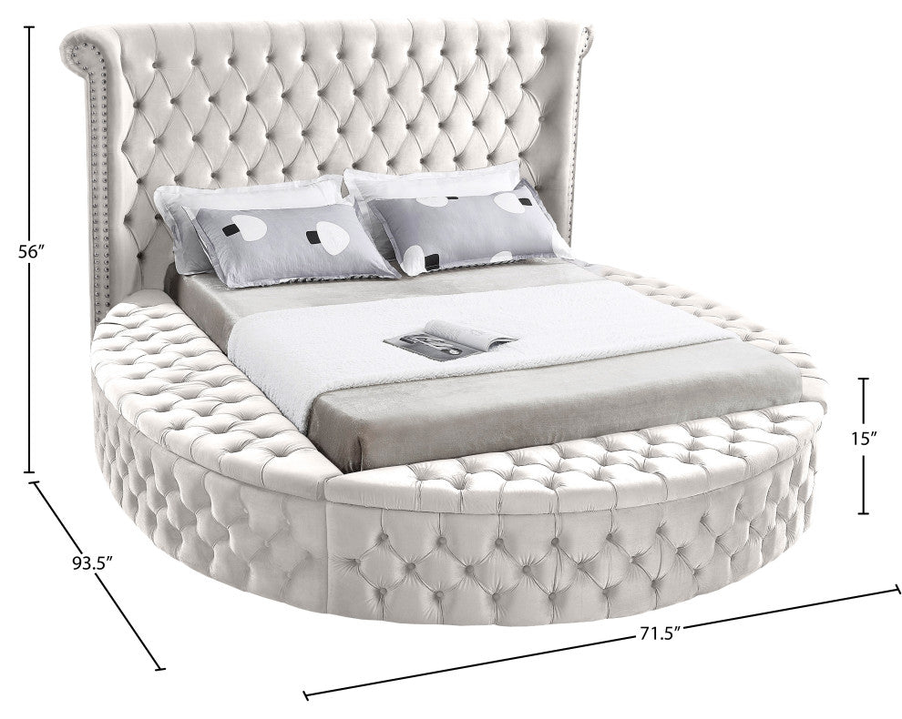 Luxus Button Tufted Velvet Round Bed, Cream, Twin