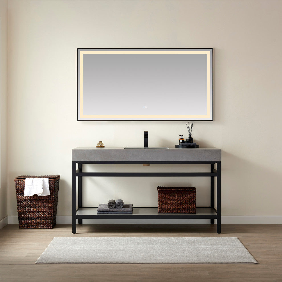 Funes Bath Vanity without Mirror, Matte Black Hardware, Double Sink, Grey Stone Top