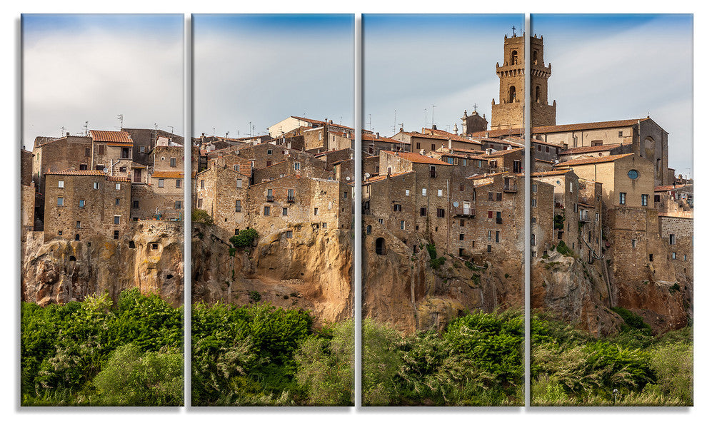 Pitigliano City on the Cliff in Italy, Landscape Canvas Art, 48"x28", 4 Panels