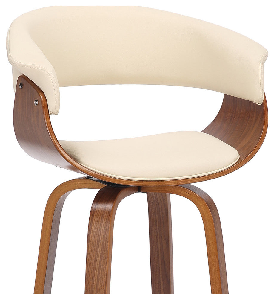 Julyssa Mid-Century Swivel Stool, Faux Leather, Walnut/Cream, Bar Height 30"