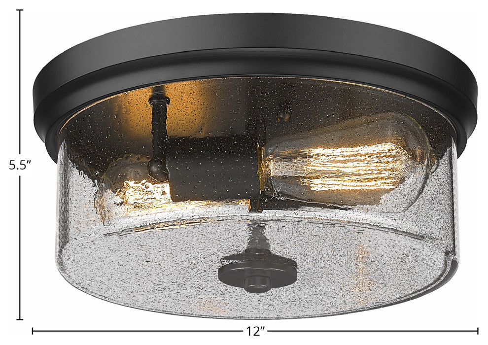 12" 2-Light Flush Mount Light, Matte Black, Smoke Bubble Glass