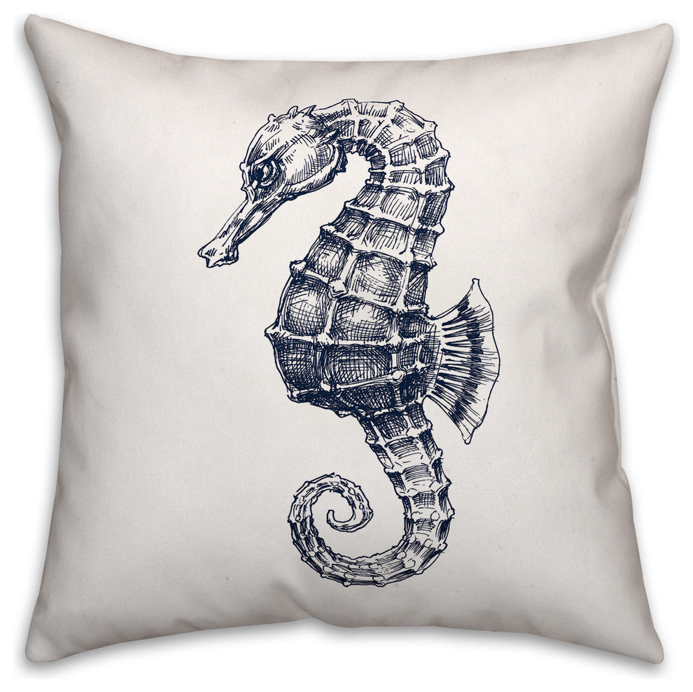 Navy Sketched Seahorse 18x18 Throw Pillow