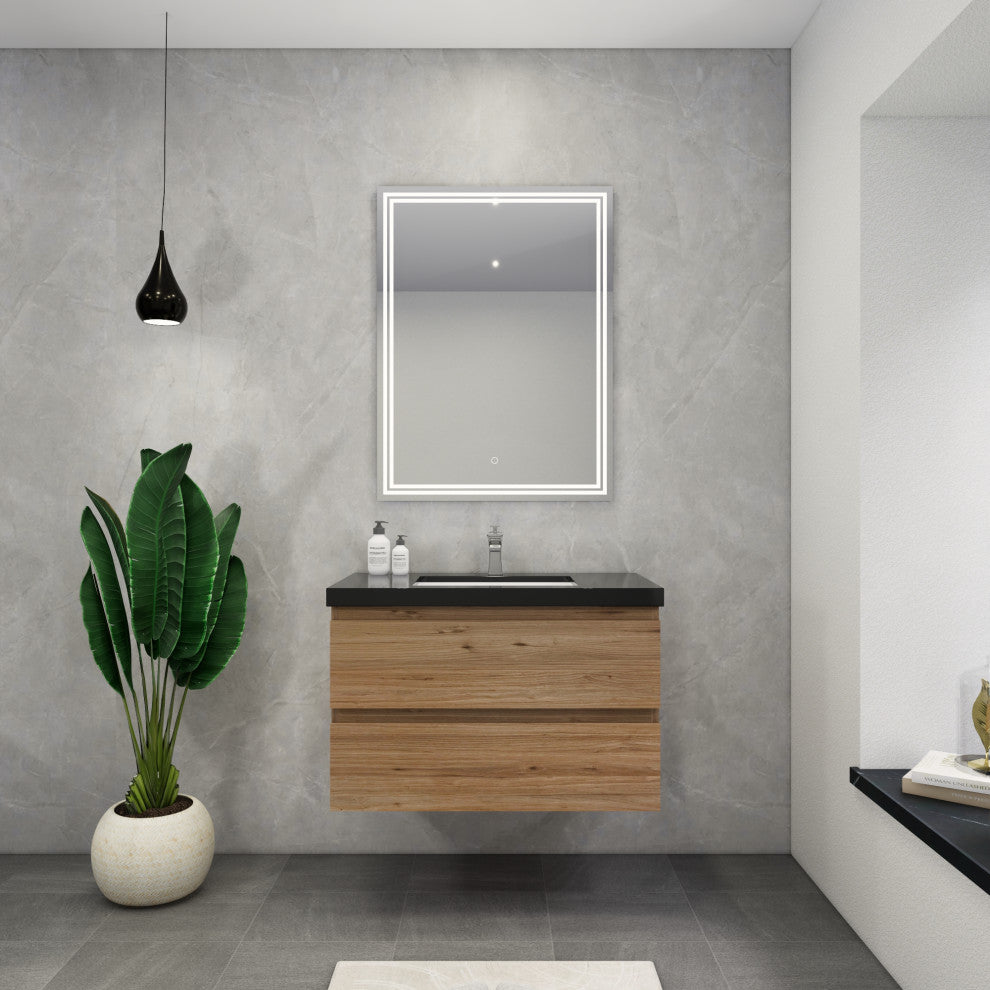 Belli 36" Wall Mounted Single Bathroom Vanity Set, Natural Oak, Matt Black Top