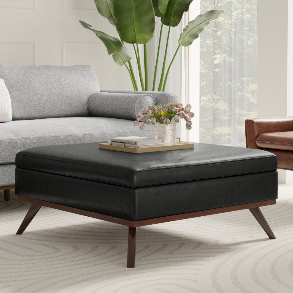 Owen XL Square Coffee Table Storage Ottoman, Distressed Black, 41"