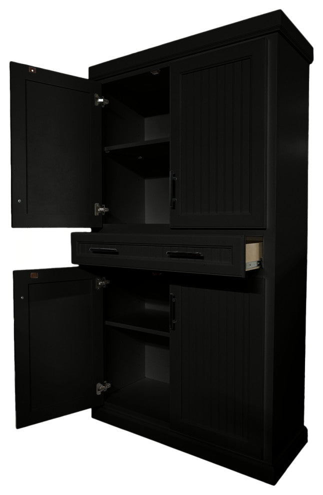 Extra Wide Coastal Kitchen Pantry Cabinet, Antique Black
