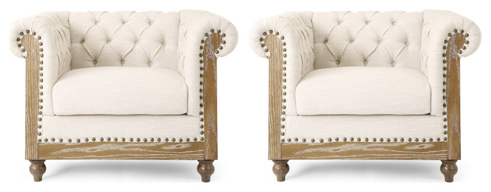 Chesterfield Tufted Club Chairs, Nailhead Trim, Set of 2, Beige/Dark Brown