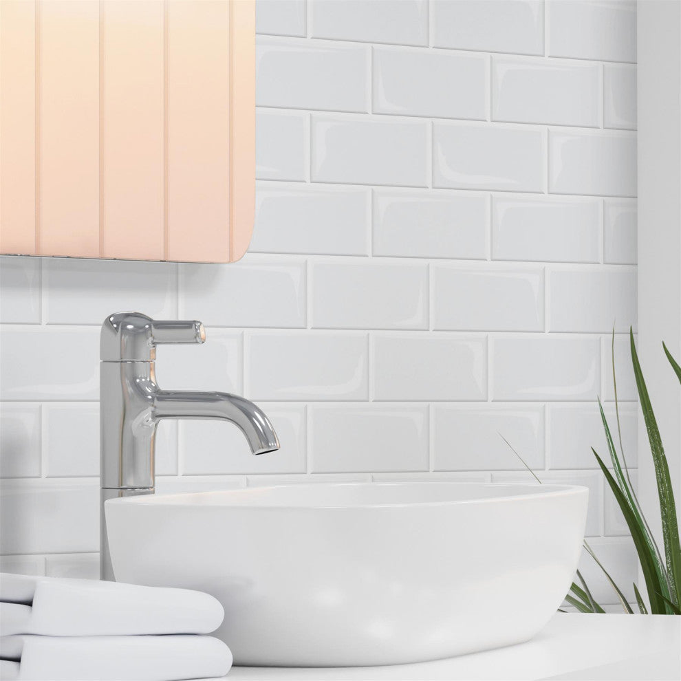 Pure White Glossy Subway Metro Classic Brick 3D Tile Sticker, 12"x6", Set of 20