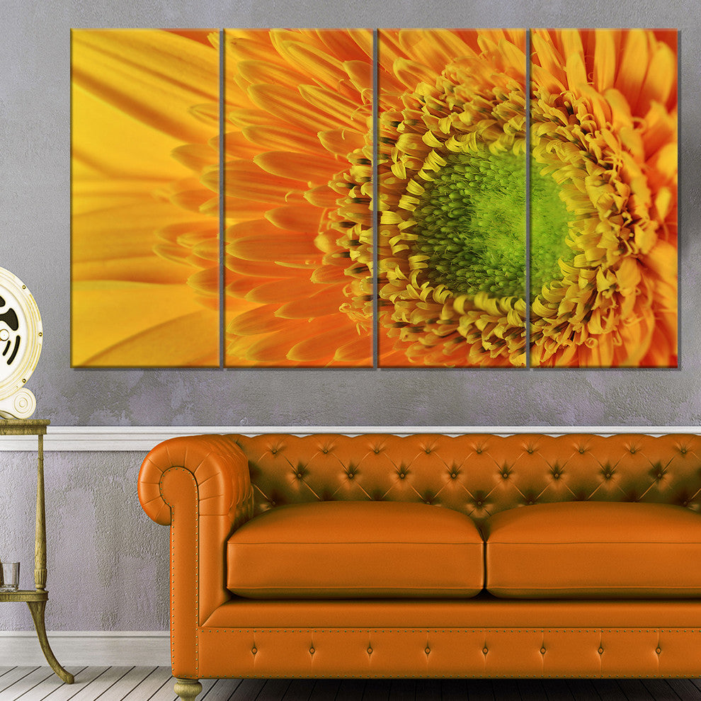 Yellow Daisy Gerbera Flower Close up, Flowers Canvas Artwork, 48"x28", 4 Panels