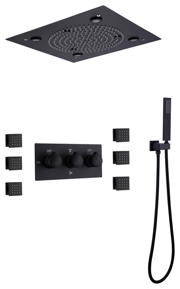 Luxury LED Rain Shower System With Rough-In Valve & 6 Body Jets, Matte Black
