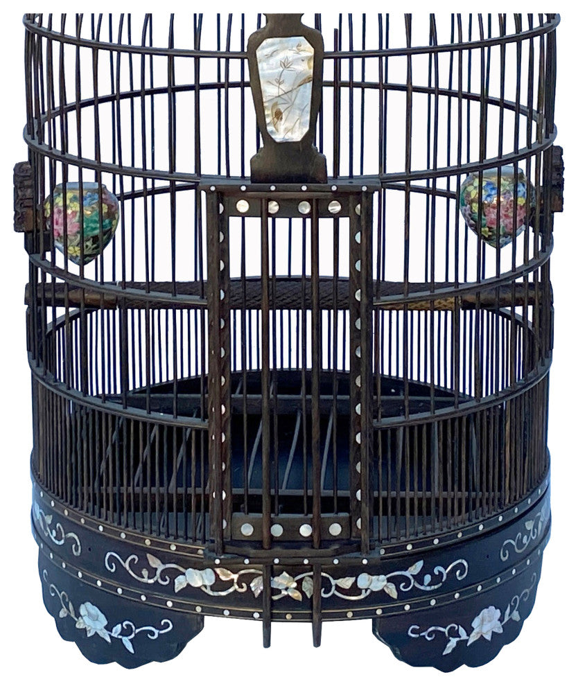 Chinese Tan Rosewood Mother of Pearl Inlay Round Collectable Birdcage Hcs7323