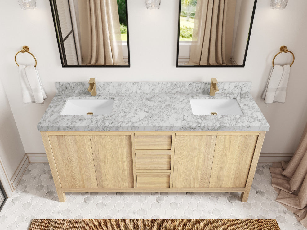 Elizabeth Oak 72" Double Sink Vanity, White 2" Carrara Marble