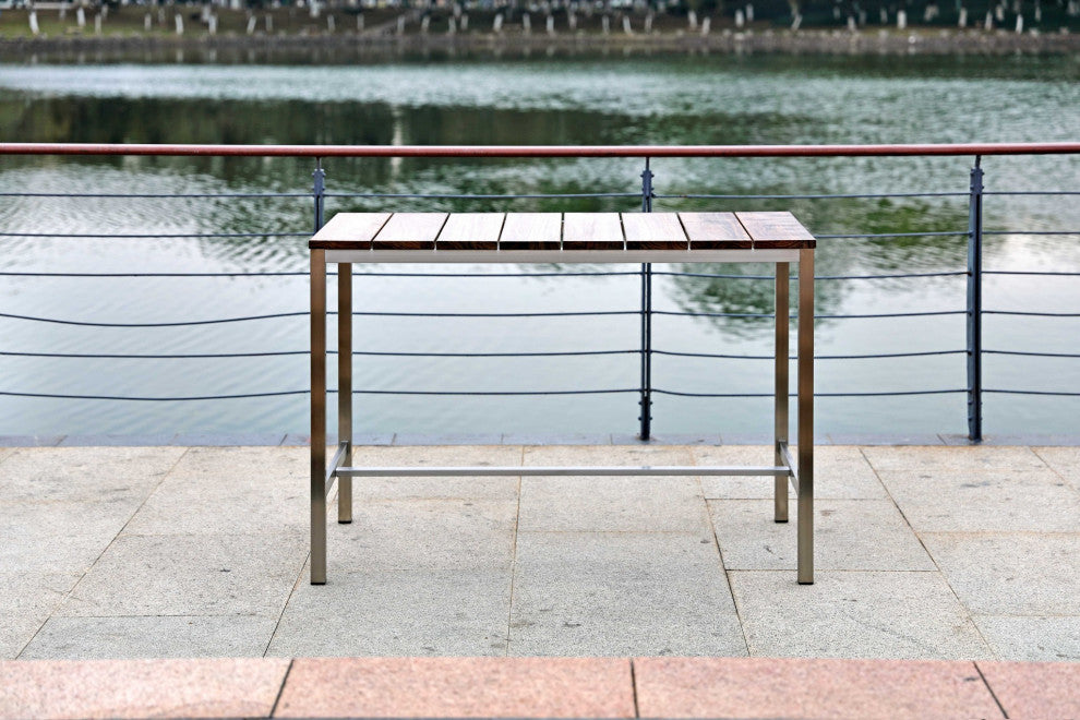 HomeRoots 55" X 27" X 42" Teak Wood and Stainless Steel Bar Table