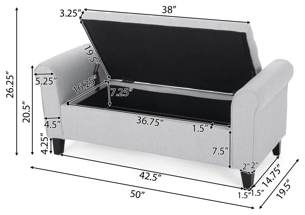 GDF Studio Keiko Contemporary Rolled Arm Storage Ottoman Bench, Light Gray/Gray