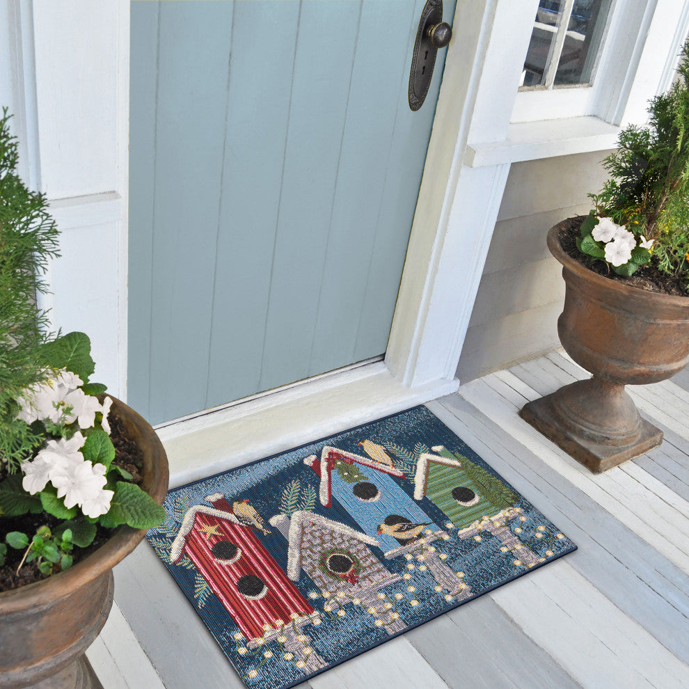 Esencia Birdhouse Holiday Indoor/Outdoor Mat Navy 2''5"x3''11"