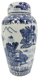 16" Blue and White Chinoiserie Ceramic Jar