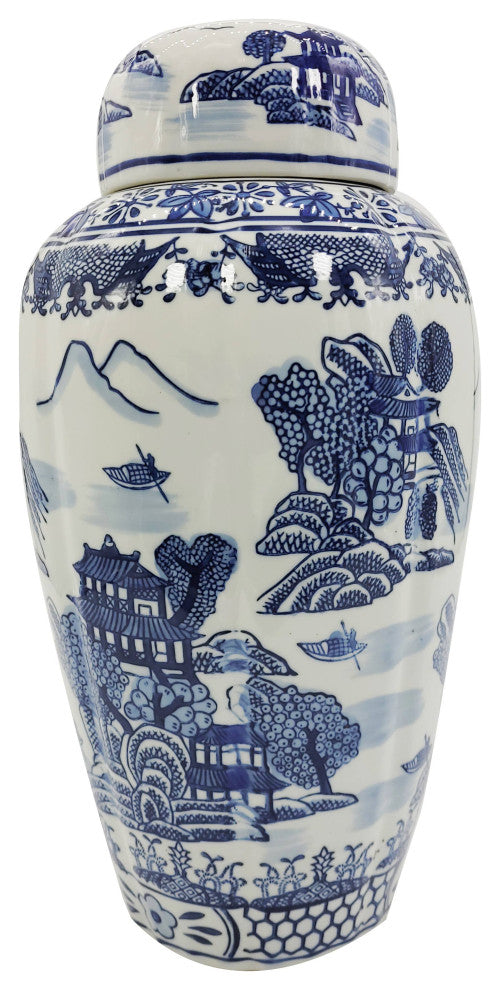 16" Blue and White Chinoiserie Ceramic Jar