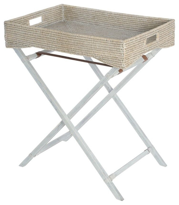La Jolla Handwoven Rattan Butler Tray With Folding Wood Stand, White-Wash