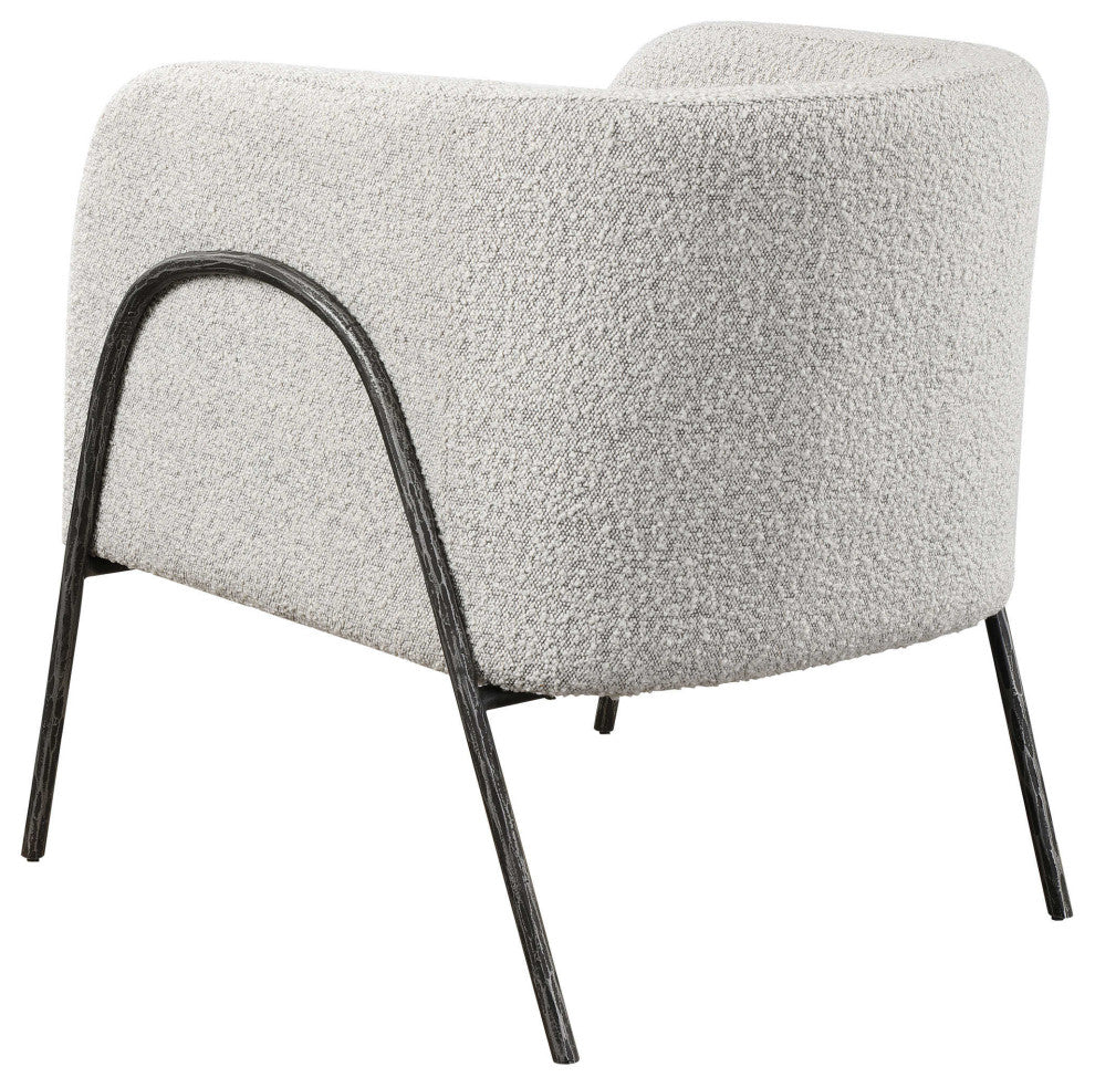 Retro Modern Gray Barrel Back Accent Chair Iron Frame Textured Fabric Scandi