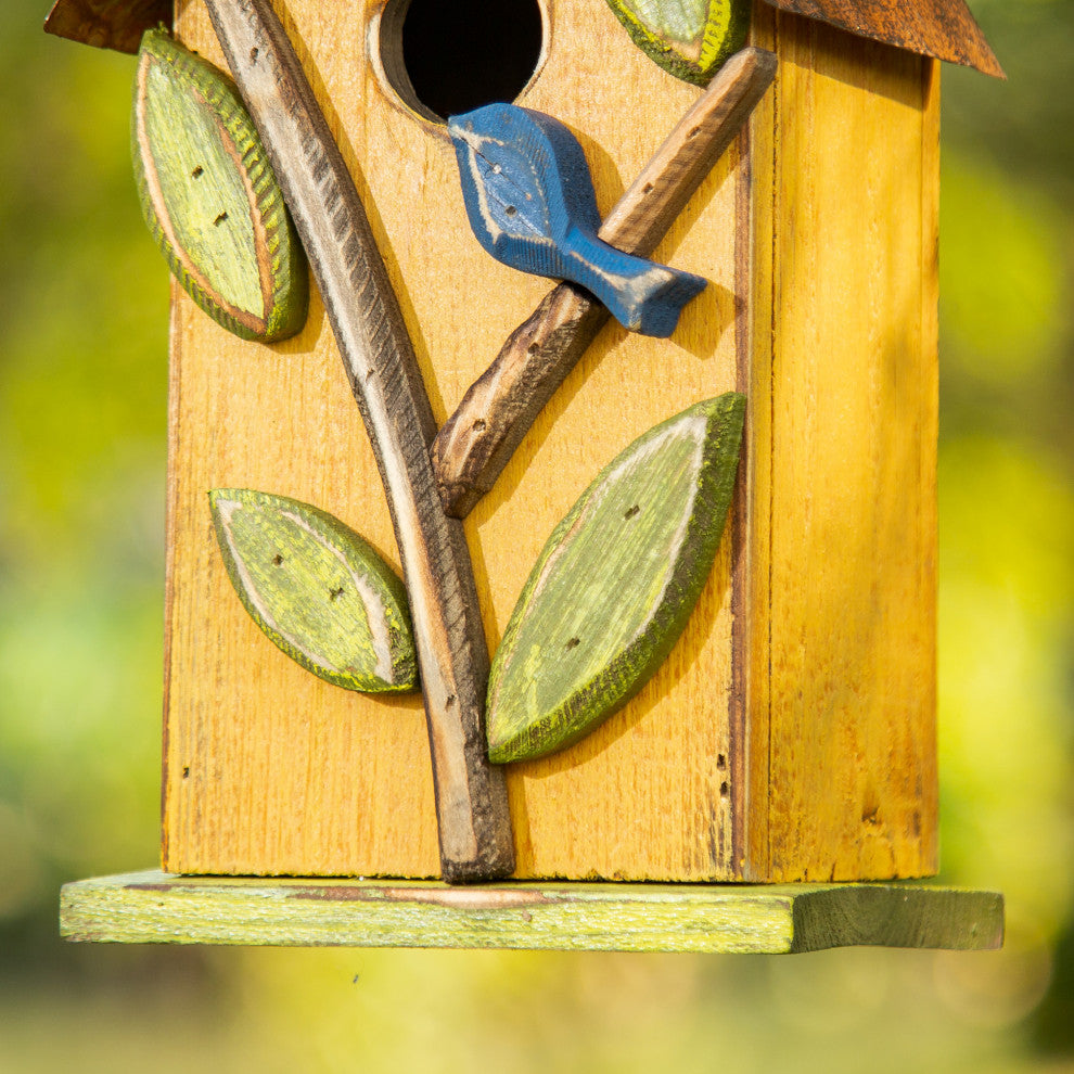 9.75"H Washed Yellow Distressed Solid Wood Birdhouse With 3D Tree and Bird