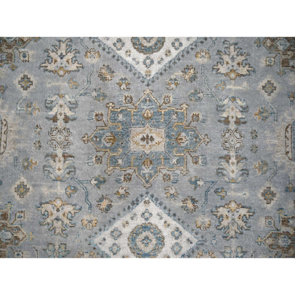 Lavender Gray Hand Knotted Karajeh Geometric Medallion Wool Round Rug 6'2"x6'2"