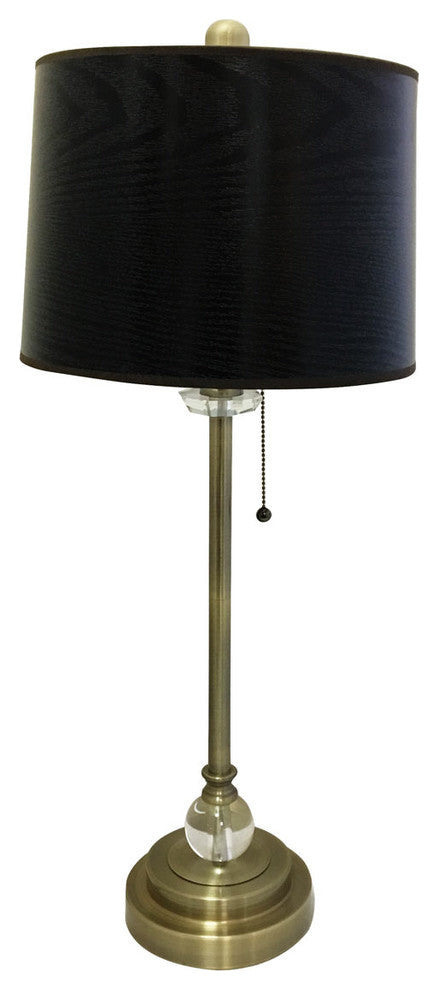 28" Crystal Lamp With Black Wood Texture Shade, Antique Brass, Single