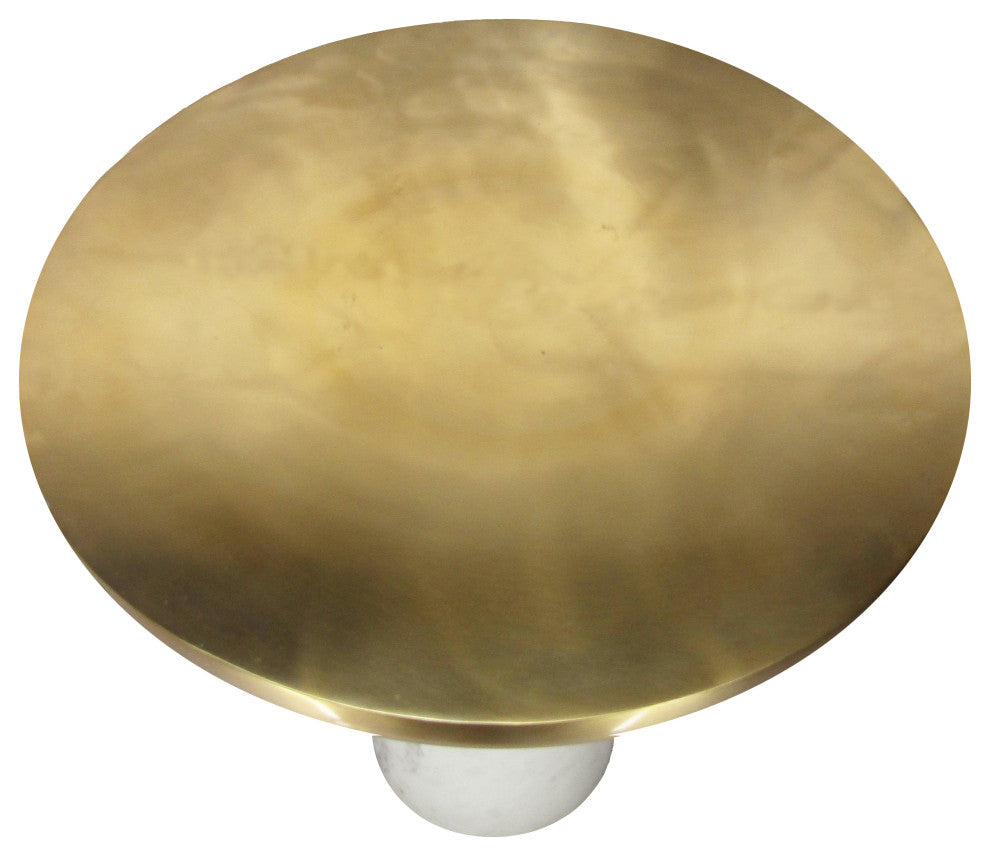Benzara UPT-272904 Accent End Table With Cylindrical Marble Base, Brass, White