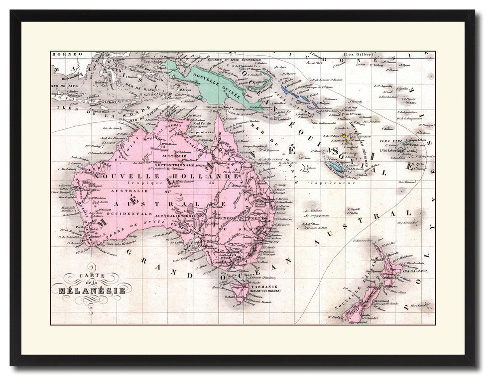 New Zealand Oceania Australia Vintage Antique Map Wall Art, 28"x37"