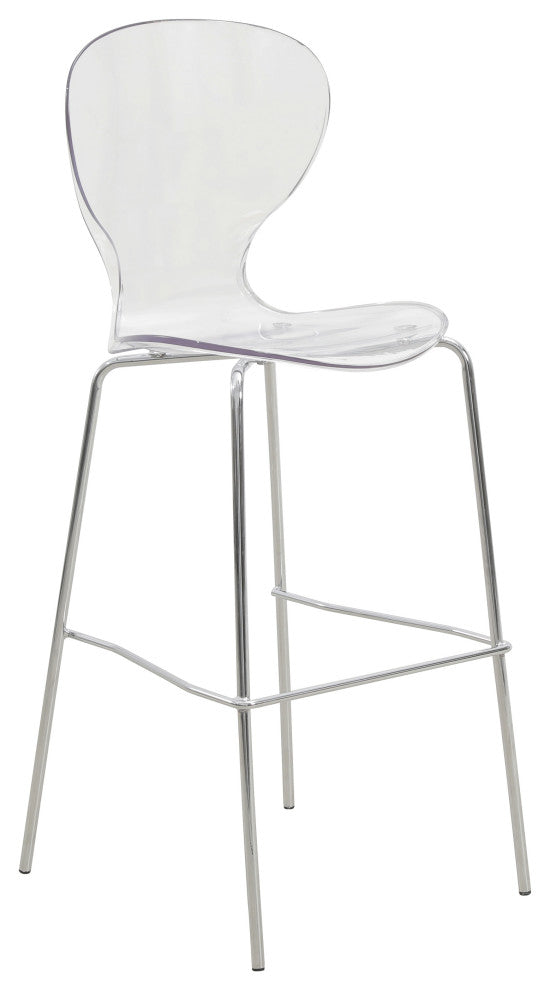 LeisureMod Oyster Acrylic Barstool With Steel Frame in Chrome Finish, Clear