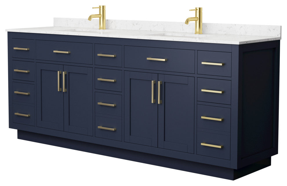 Beckett TK 84" Dark Blue Double Vanity, Cultured Top, Gold Trim