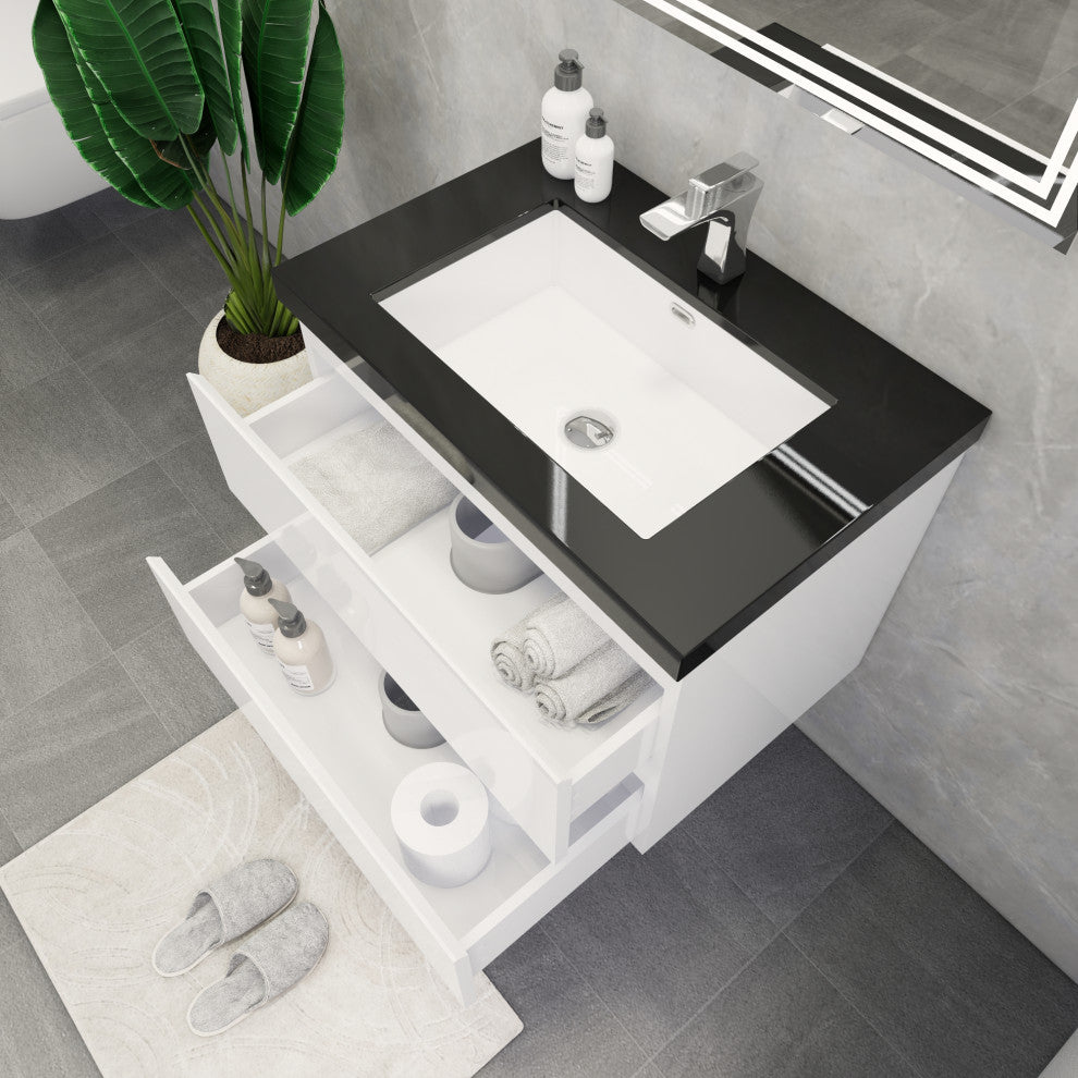 Belli 30" Wall Mounted Single Bathroom Vanity Set, Glossy White, Matt Black Top