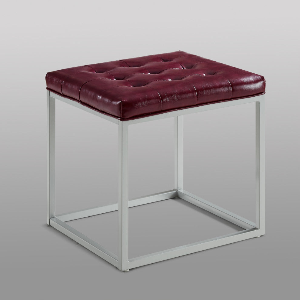 Teresa PU Leather Button Tufted Metal Frame Cube Ottoman, Purple