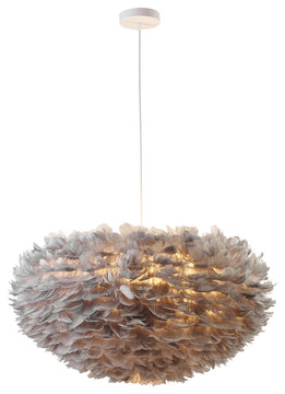 White Iron Ceiling Fixture With Grey Goose Feather, Gray