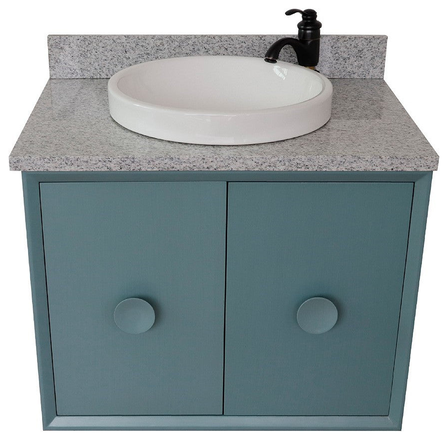 31" Single Wall Mount Vanity, Aqua Blue Finish With Gray Granite Top