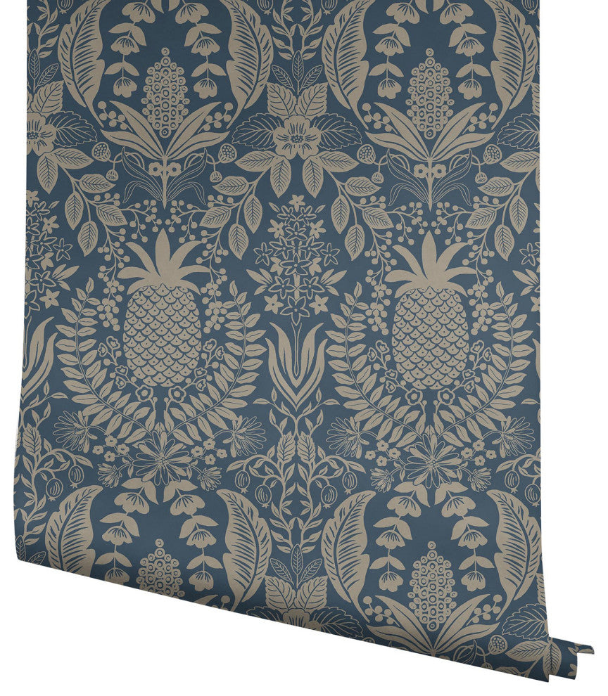 Pineapple Damask Navy Wallpaper
