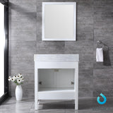 30" White Single Vanity, White Carrara Marble Top, White Sink and 28" Mirror