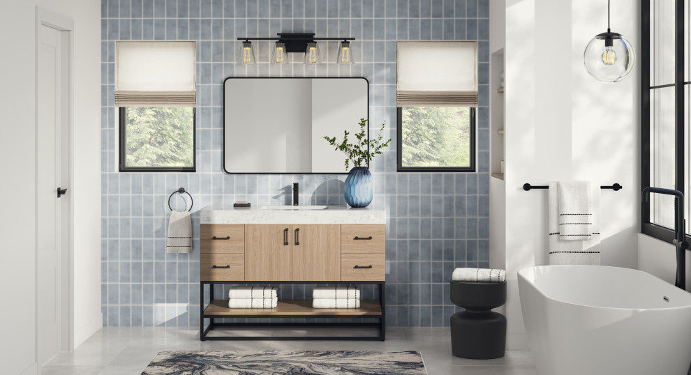 Bahia Bath Vanity, Oak, 48", Matte Black Hardware, Single, Freestanding