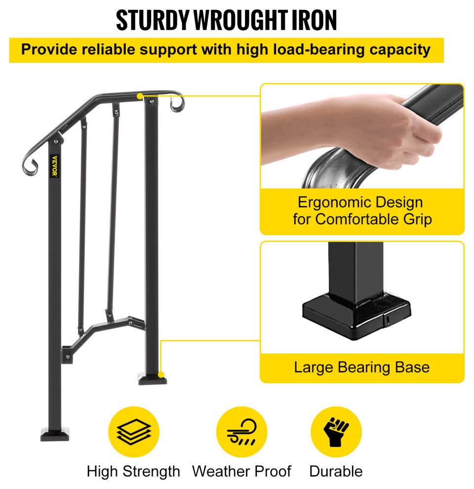 Wrought Iron Handrail Outdoor Stair Rail with Installation Kit, Black, Fit 1-2 Steps