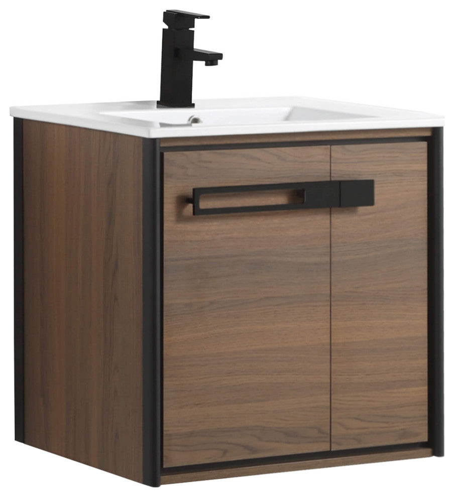 Oakville Wall Mount Bathroom Vanity, Walnut Ebony, 24", Black Hardware