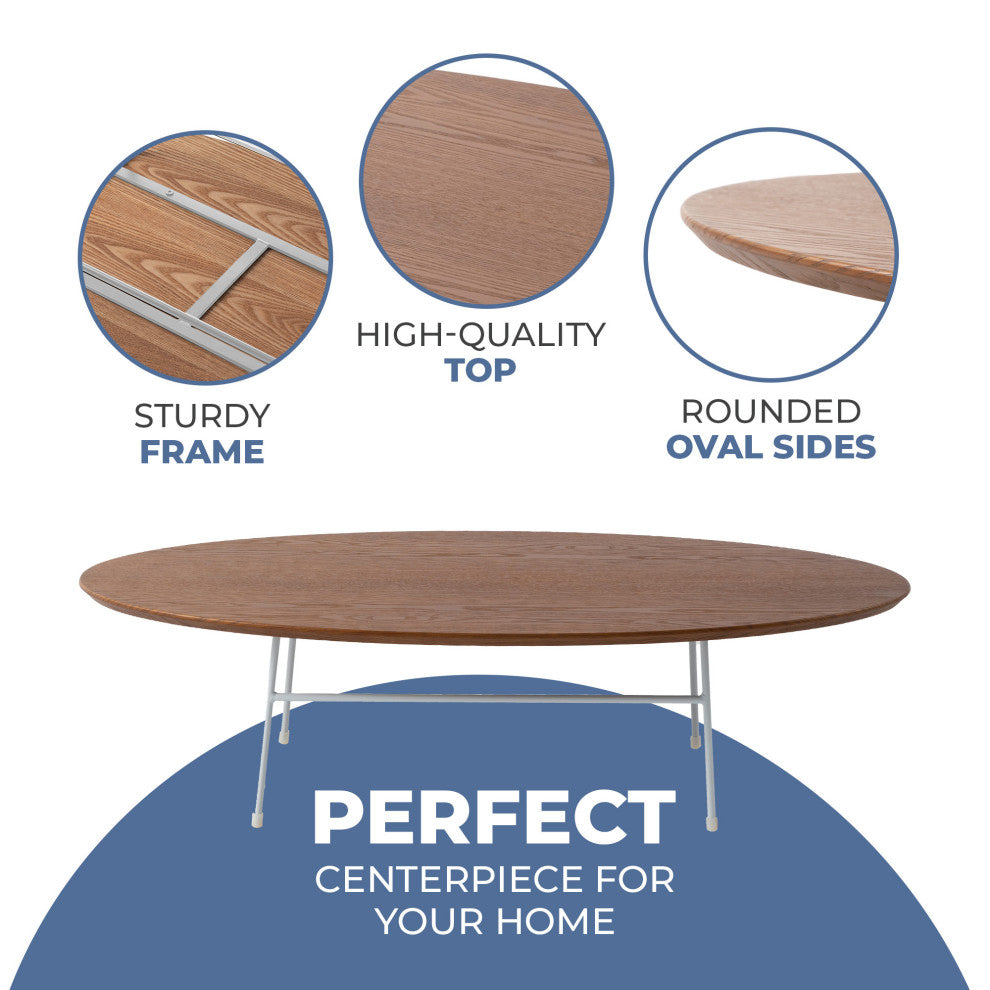 LeisureMod Rossmore Oval Coffee Table With White Steel Frame, Walnut