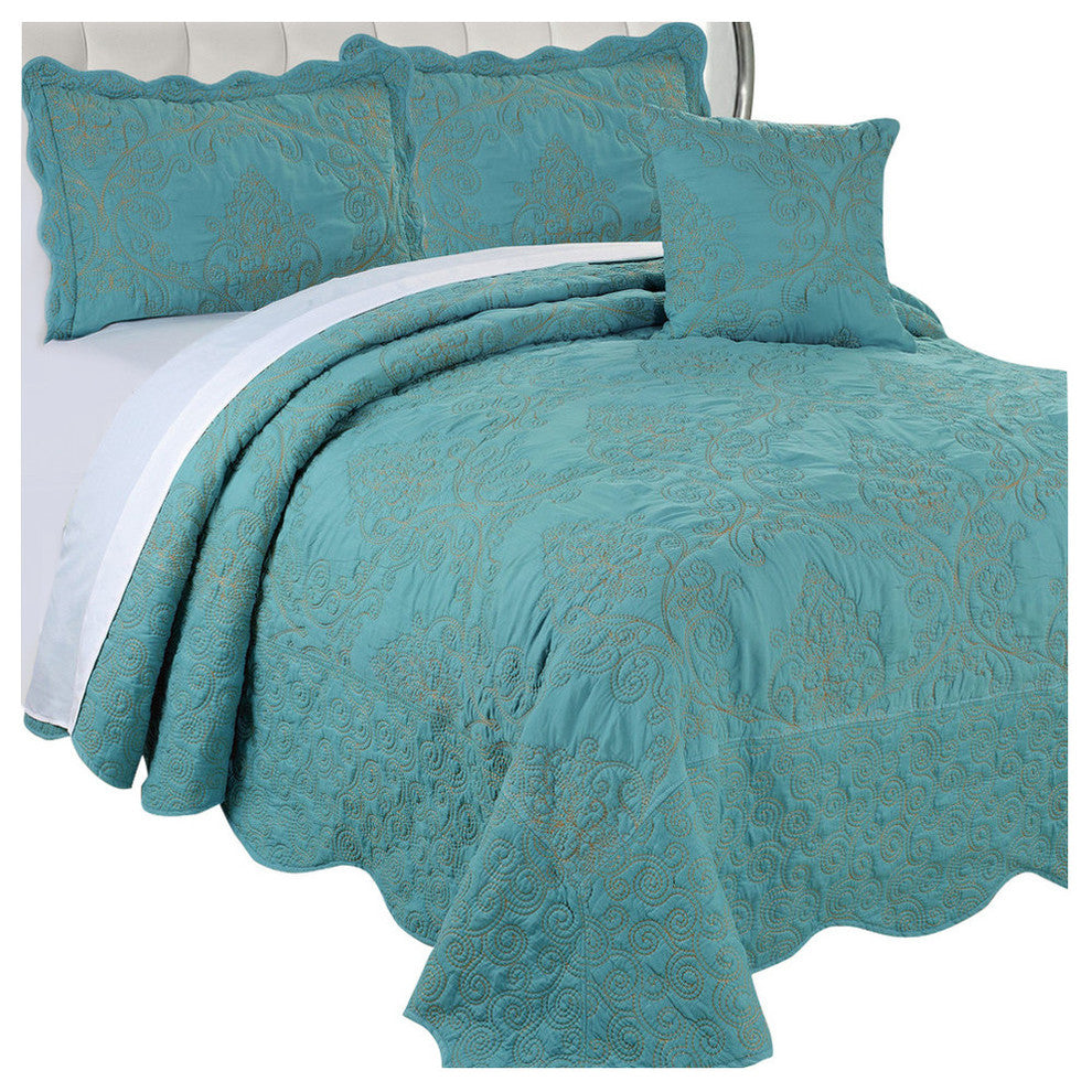 Damask Coverlet 4 Piece Bed Spread Set, Teal, Queen