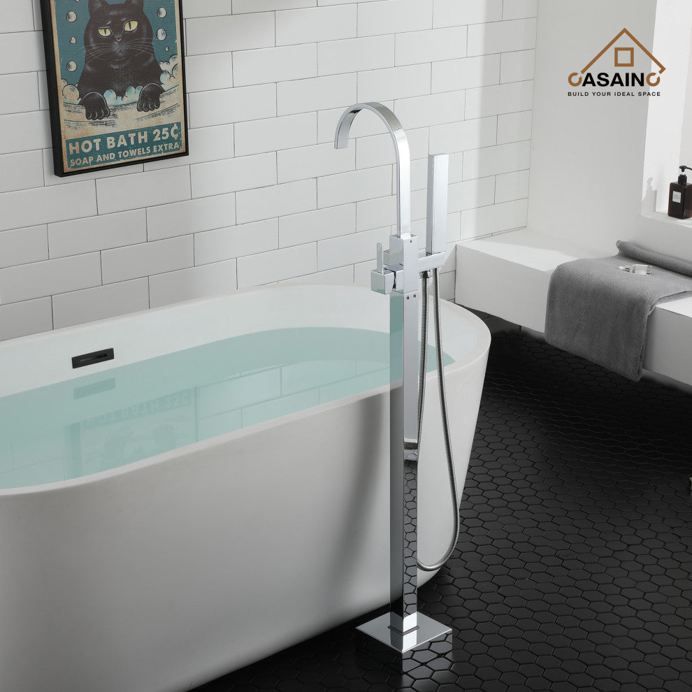 Floor Mount Bathtub Faucet with Hand Shower, Chrome
