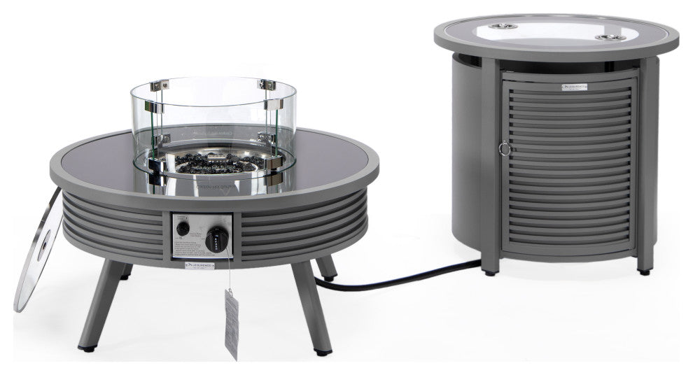 LeisureMod Walbrooke Round Fire Pit Table and Tank Holder With Slats, Gray