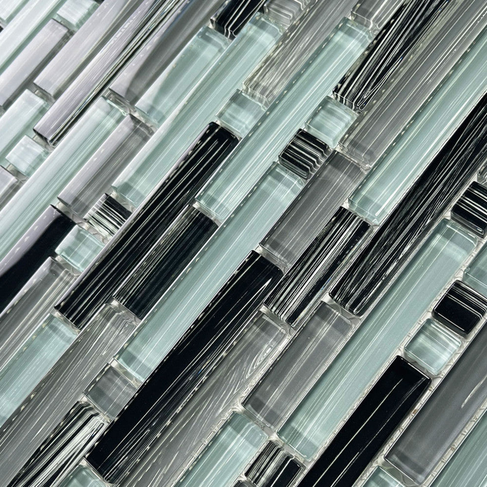 Glass Mosaic Tile Grey Blue Black Glass Brick Cane Backsplashes, 1 sheet