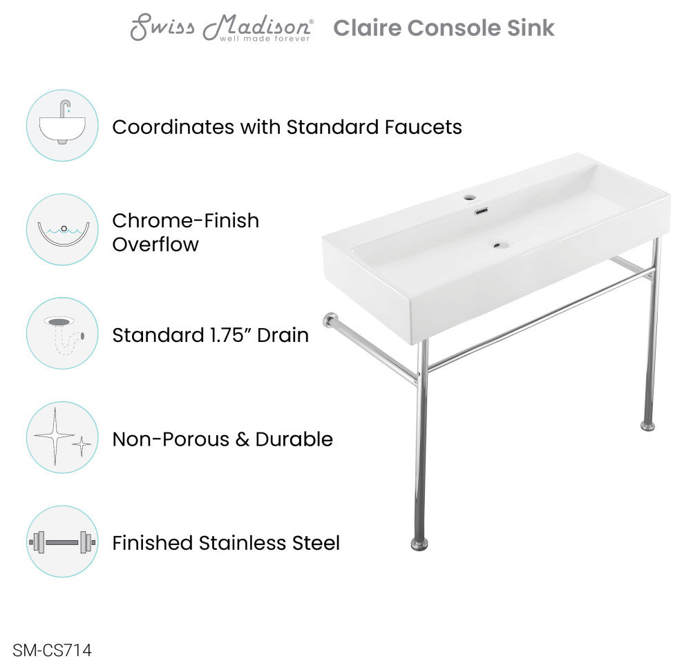 Claire 40" Ceramic Console Sink White Basin Chrome Legs