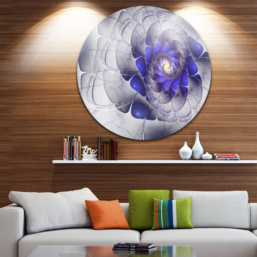 Fractal Flower Grey Blue Digital Art, Floral Round Metal Wall Art, 23"